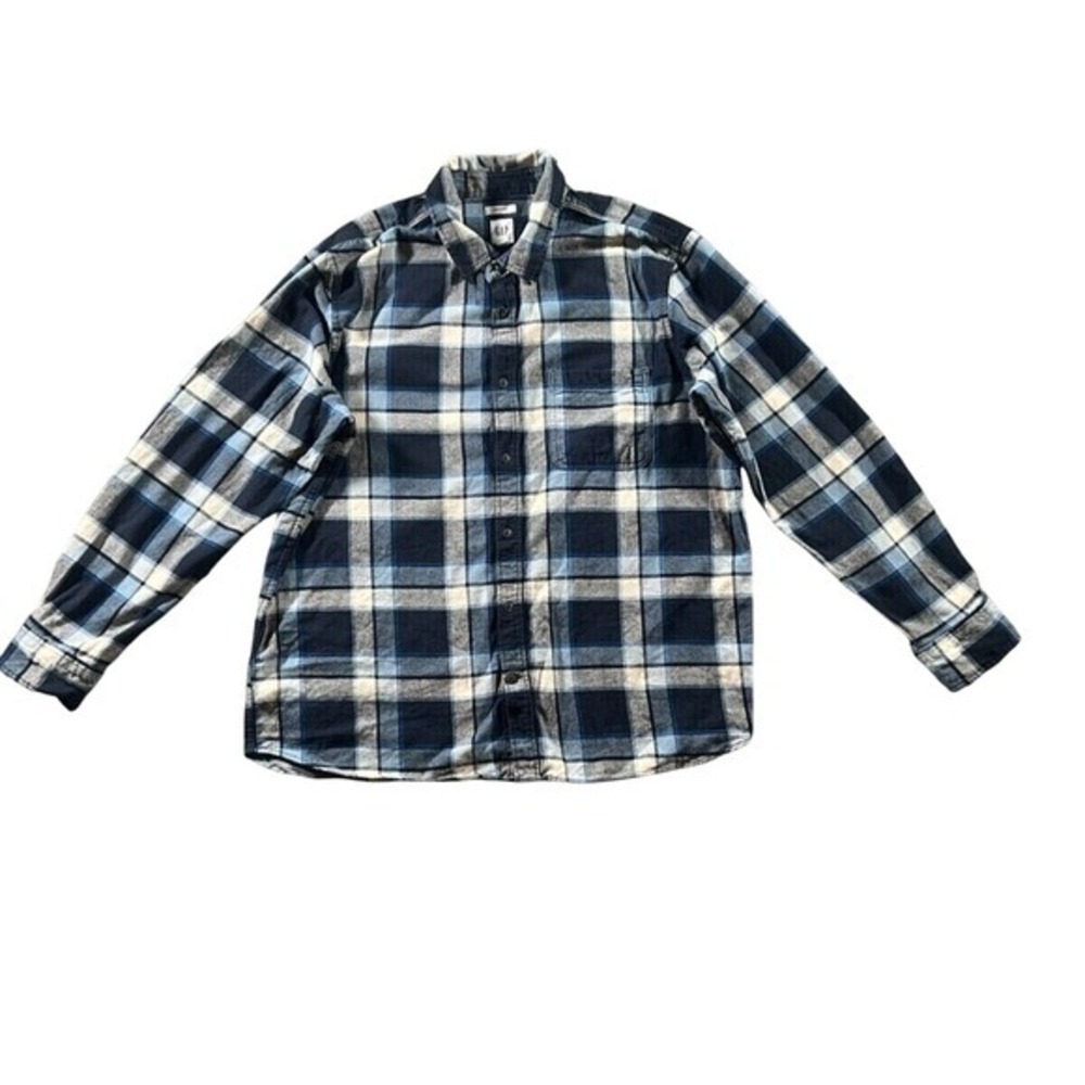 Gap‎ Shirt Mens XL Blue Gray Flannel Button-Up Untucked Windowpane Lumberjack